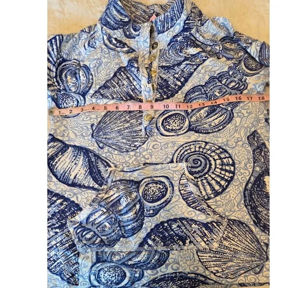 Lilly Pulitzer Blue White Shell Print Quarter Zip Long Sleeve Pullover Women's L - Picture 8 of 9